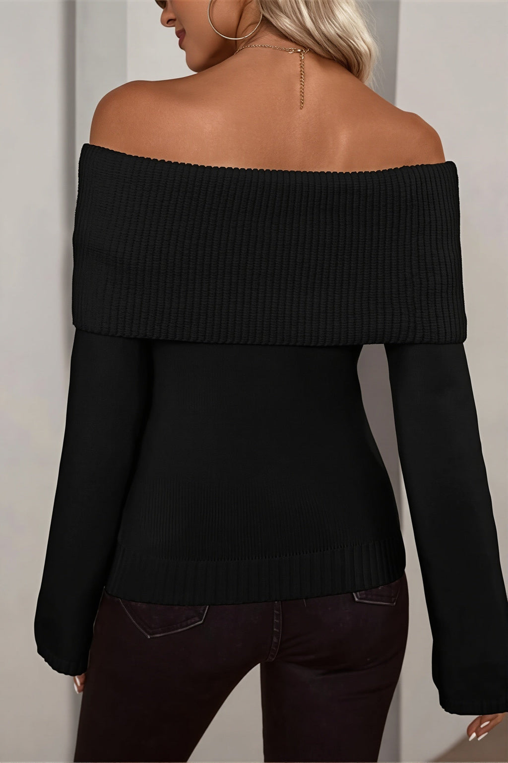 Foldover Off Shoulder Ribbed Fitted Sweater