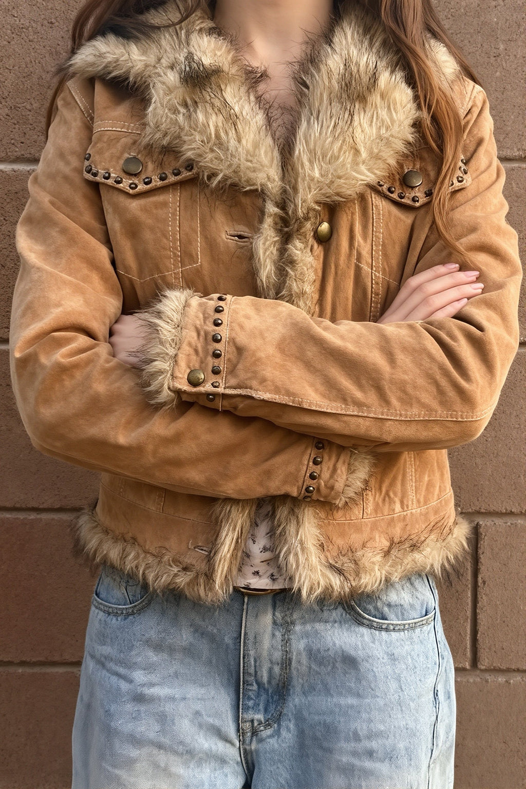 Faux Fur Trim Suede Button Jacket