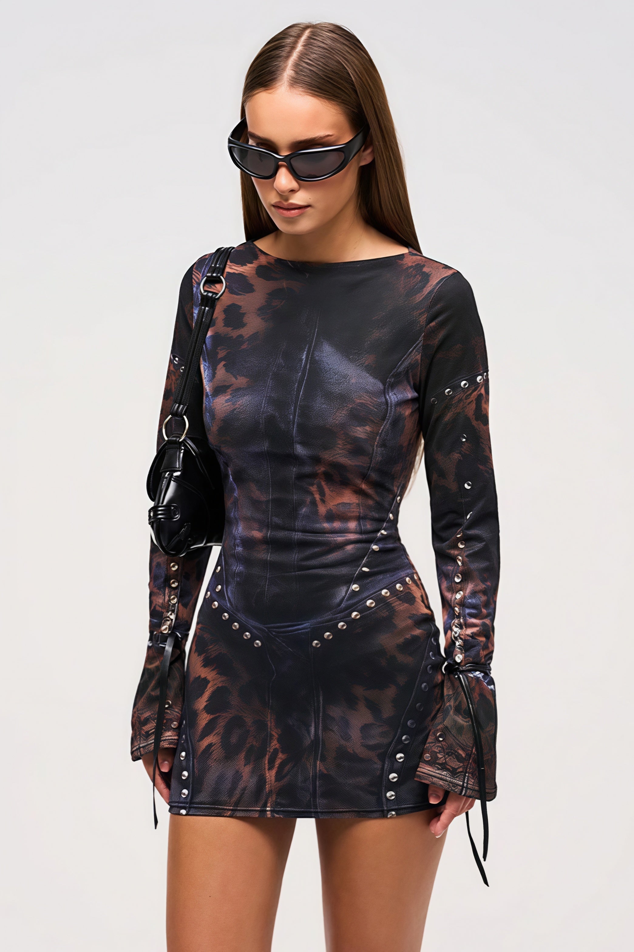 Stylish Leopard Rivet Slim Mini Dress