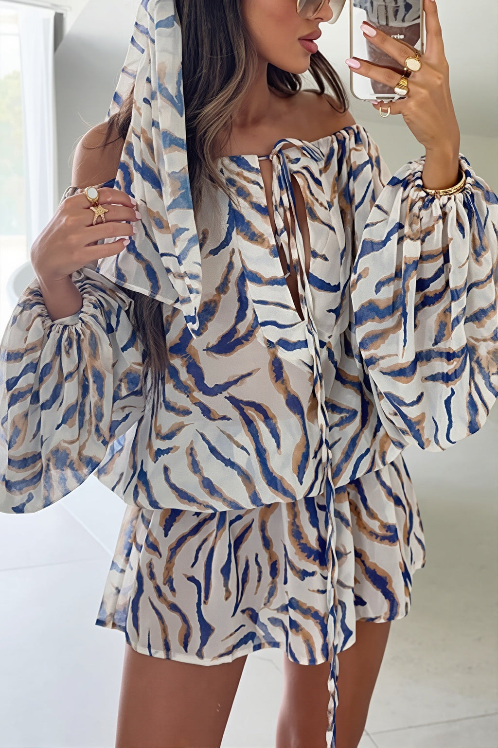 Zebra Print Flowy Off Shoulder Mini Dress
