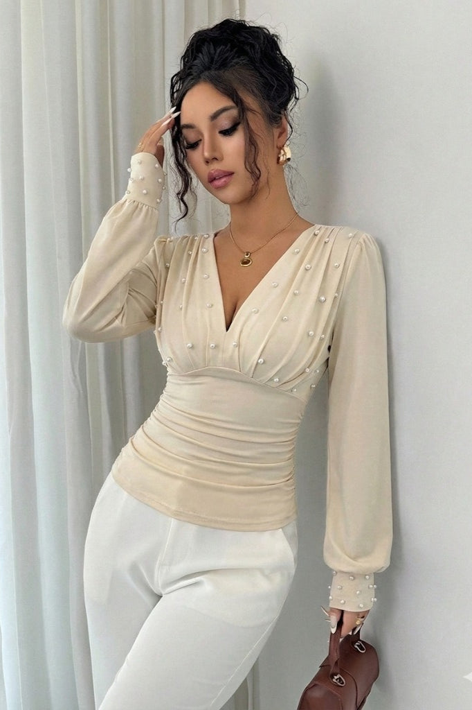 Pearl Studded Wrap V Neck Blouse