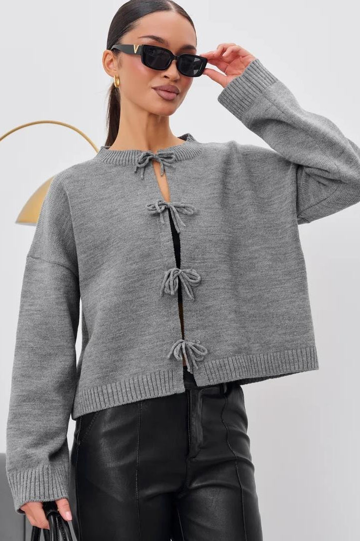 Tie Front Crew Neck Knit Cardigans