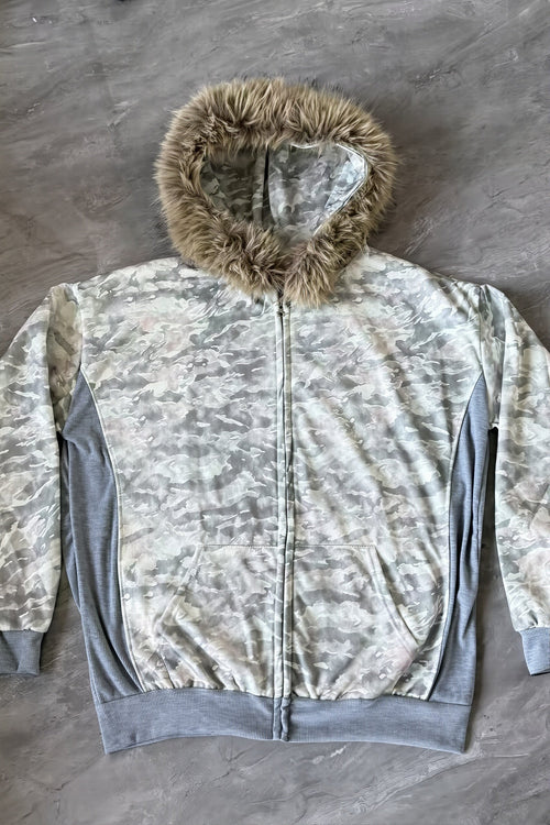 Camo Faux Fur Trim Fitted Zip Hoodie