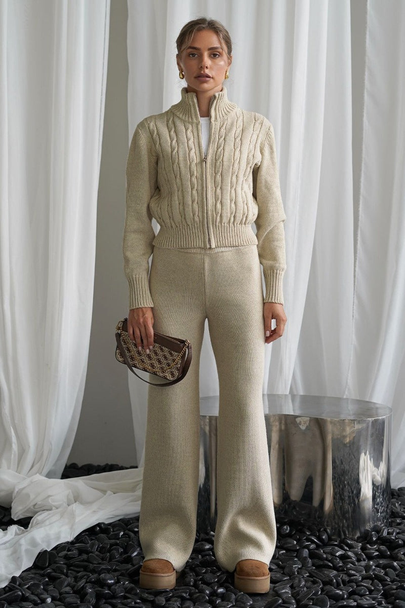 Cable Knit Zip Top Straight Pants Set