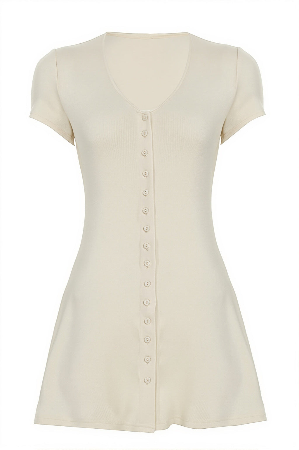 Solid Button Knit V Neck Slim Mini Dress