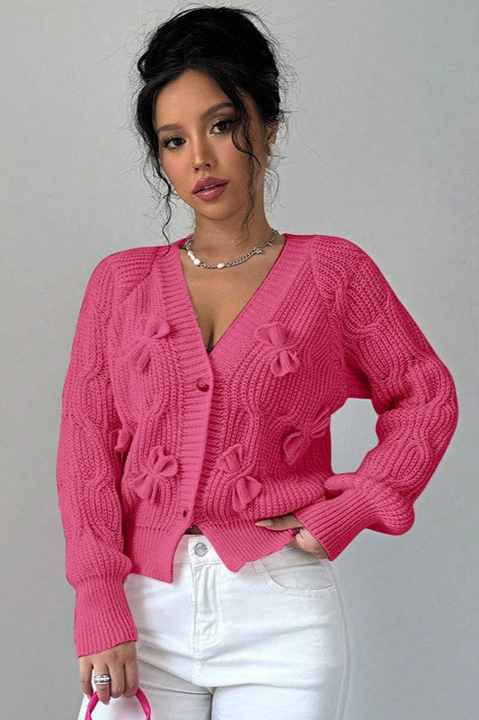 Bow Applique V Neck Button Knit Cardigan
