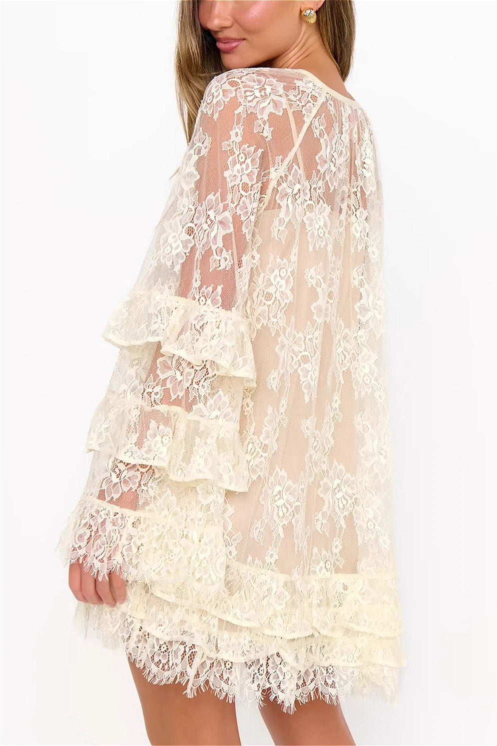 Lace Sheer Ruffle Cover Up Mini Dress