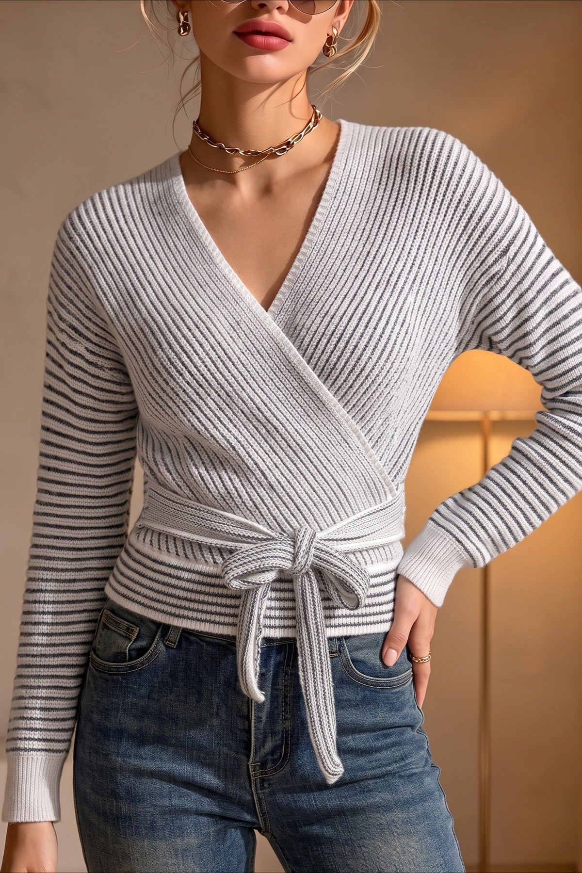 Striped Wrap Tie Waist Cardigans