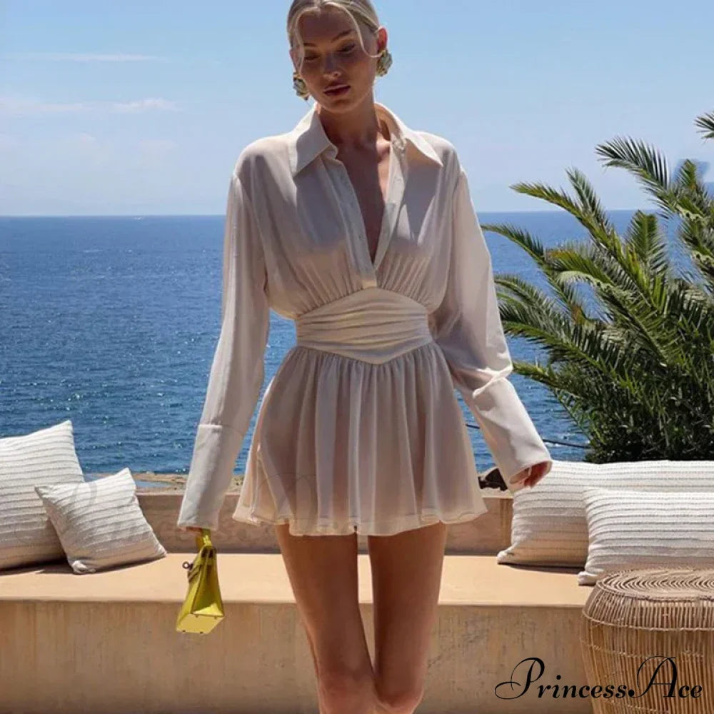 Single Breasted Pleated Sheer Mini Dress