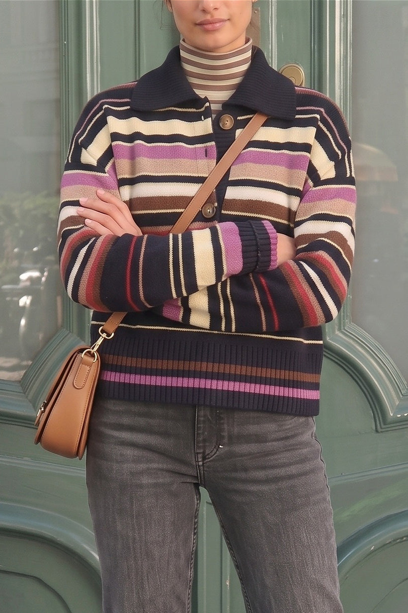 Multicolor Stripe Polo Collar Sweater