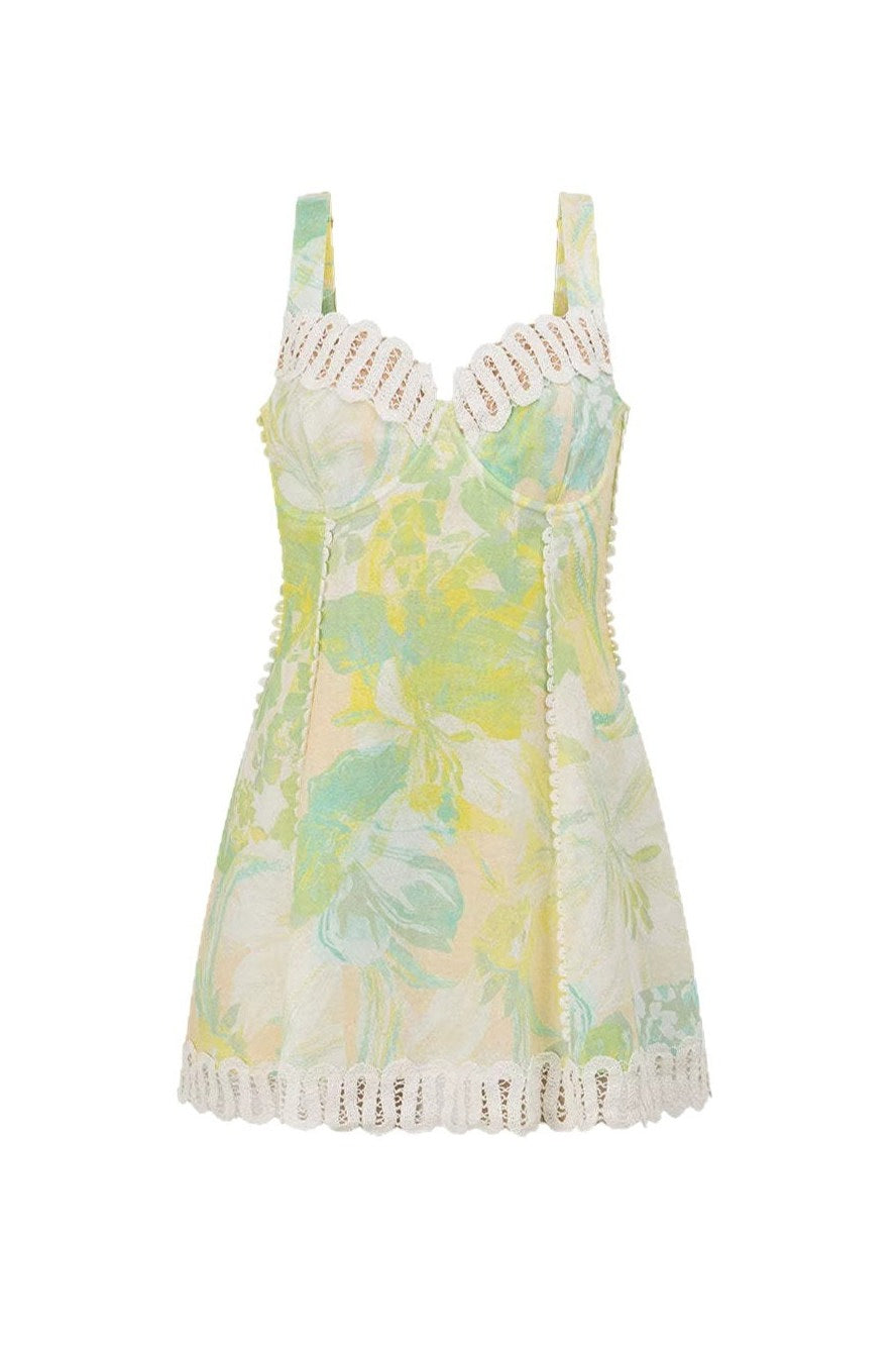 Linen Lace Trim Floral Mini Boho Dress