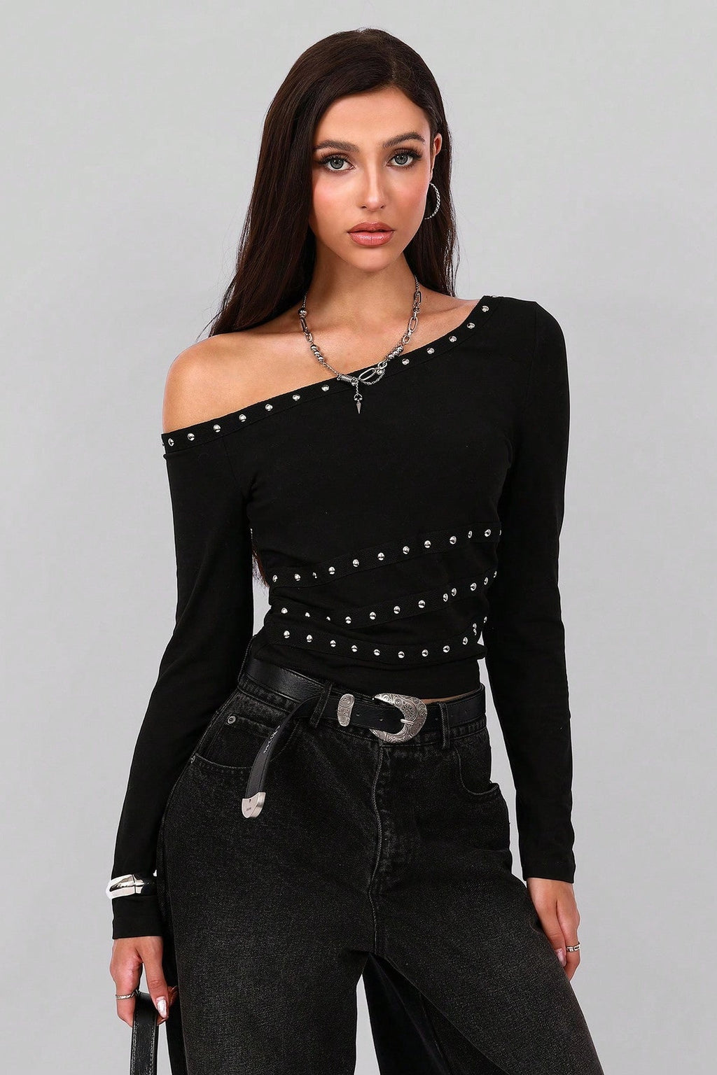 Studded One Shoulder Cutout Top