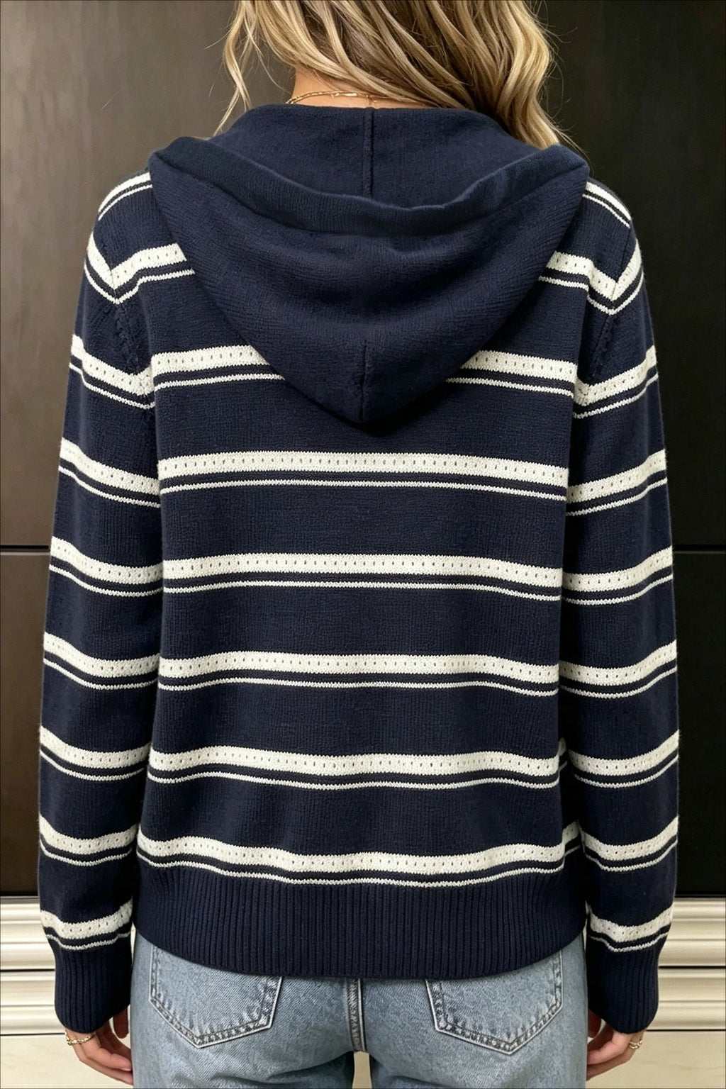 Navy Stripe Hooded Button Cardigans