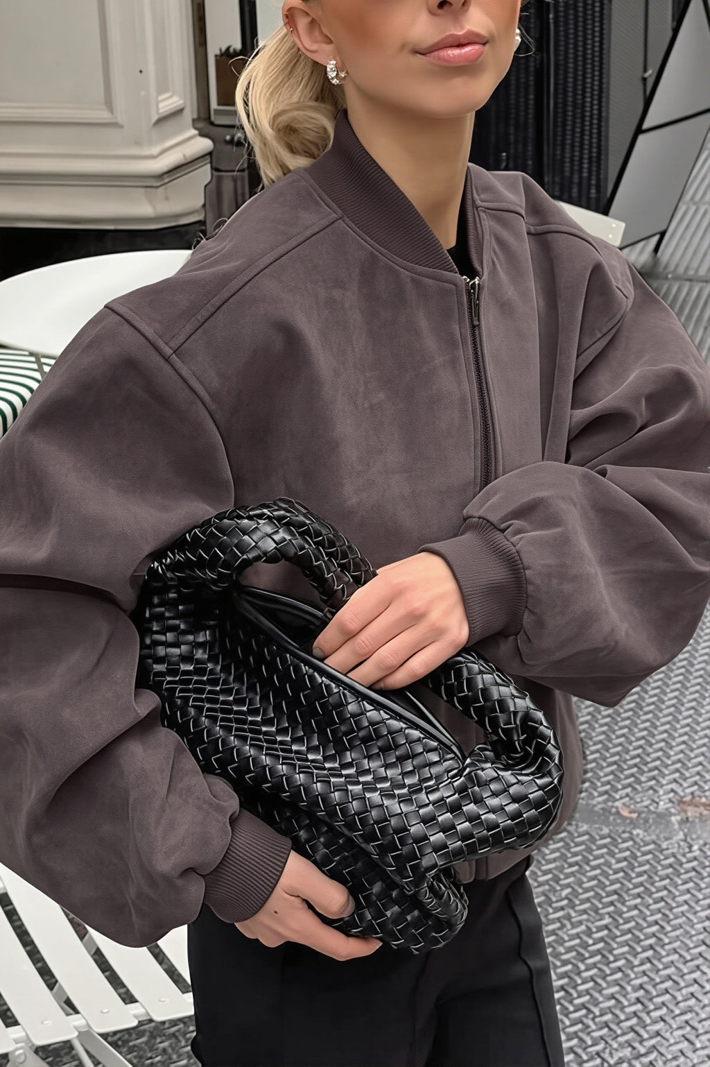 Suede Zip Front Balloon Sleeve Jacket