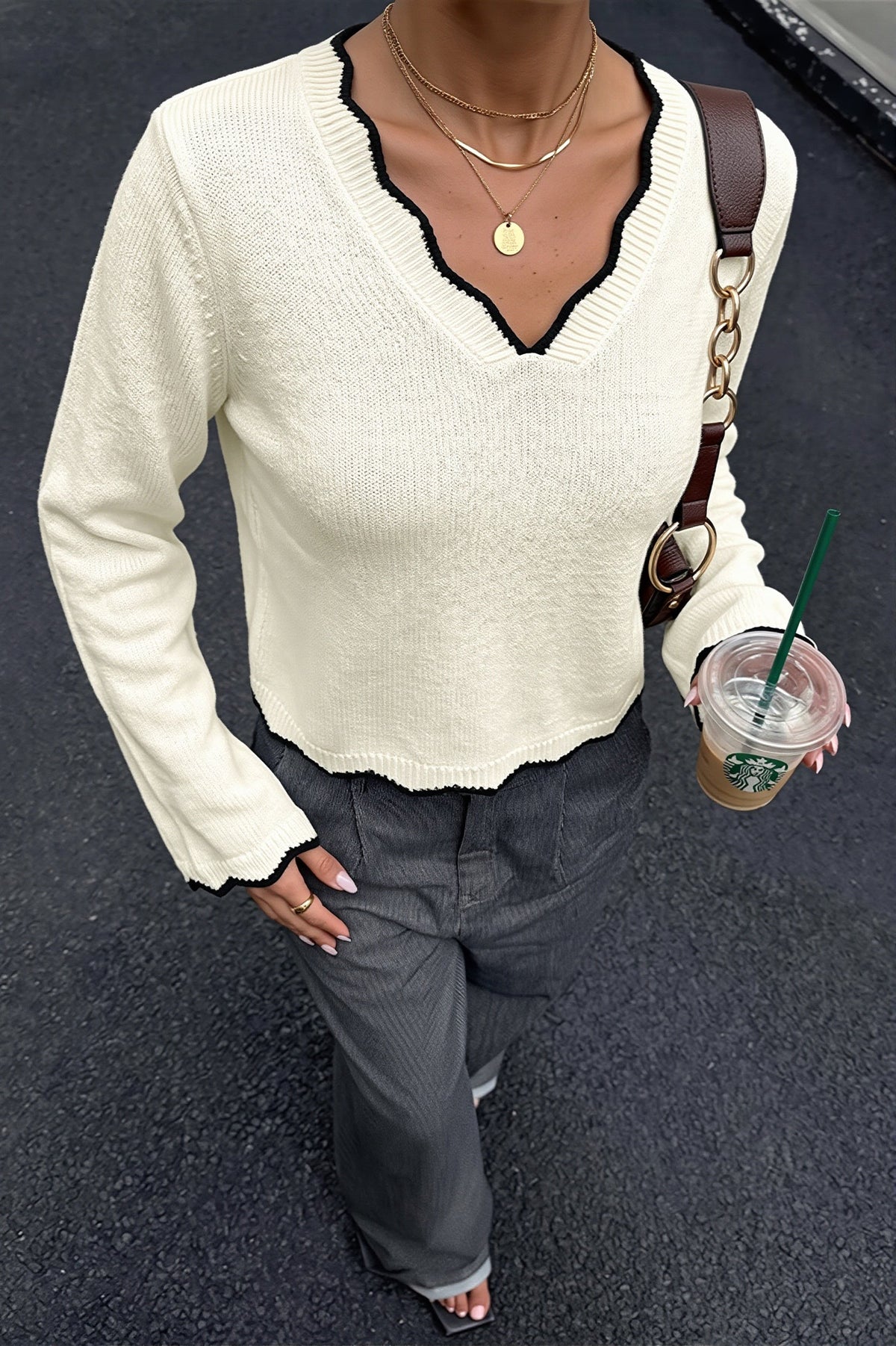 Contrast Scallop V Neck Cropped Sweater