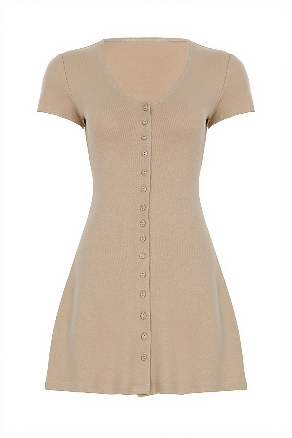 Solid Button Knit V Neck Slim Mini Dress