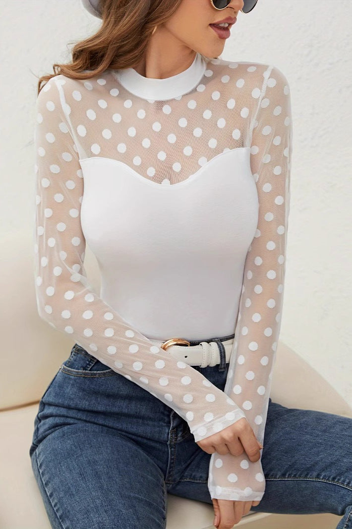 Polka Dot Mesh Yoke Long Sleeve Top