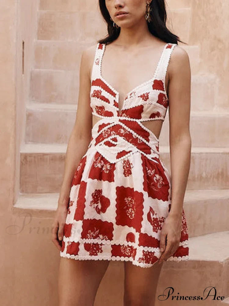 Floral Decorative Unique Print Graceful V-Neck Hollow A-Line Mini Dress