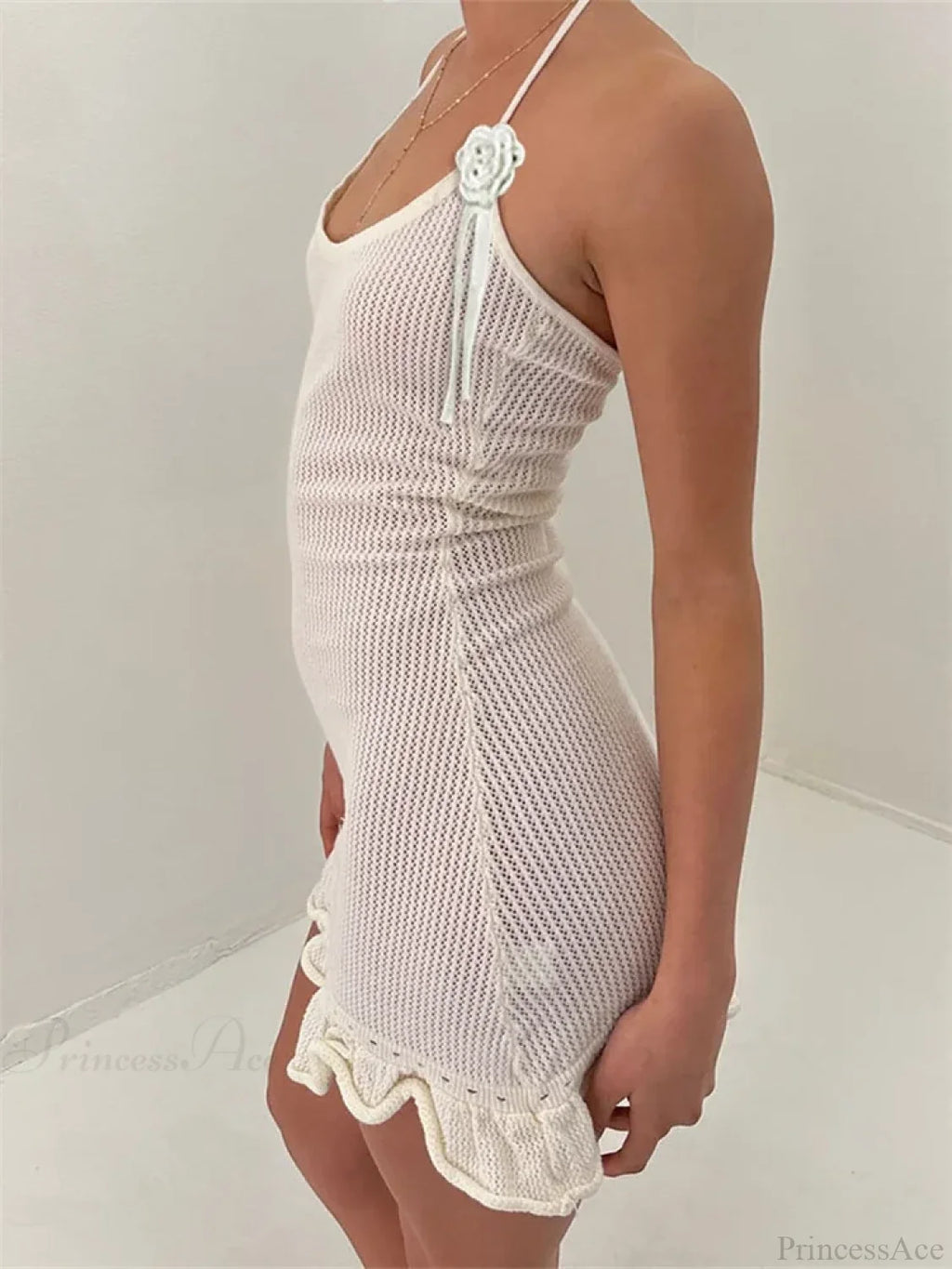 Knitted Flower Ruffled Mini Dress