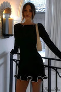 Knitted Ruffled Tight Long Sleeve Mini Dress