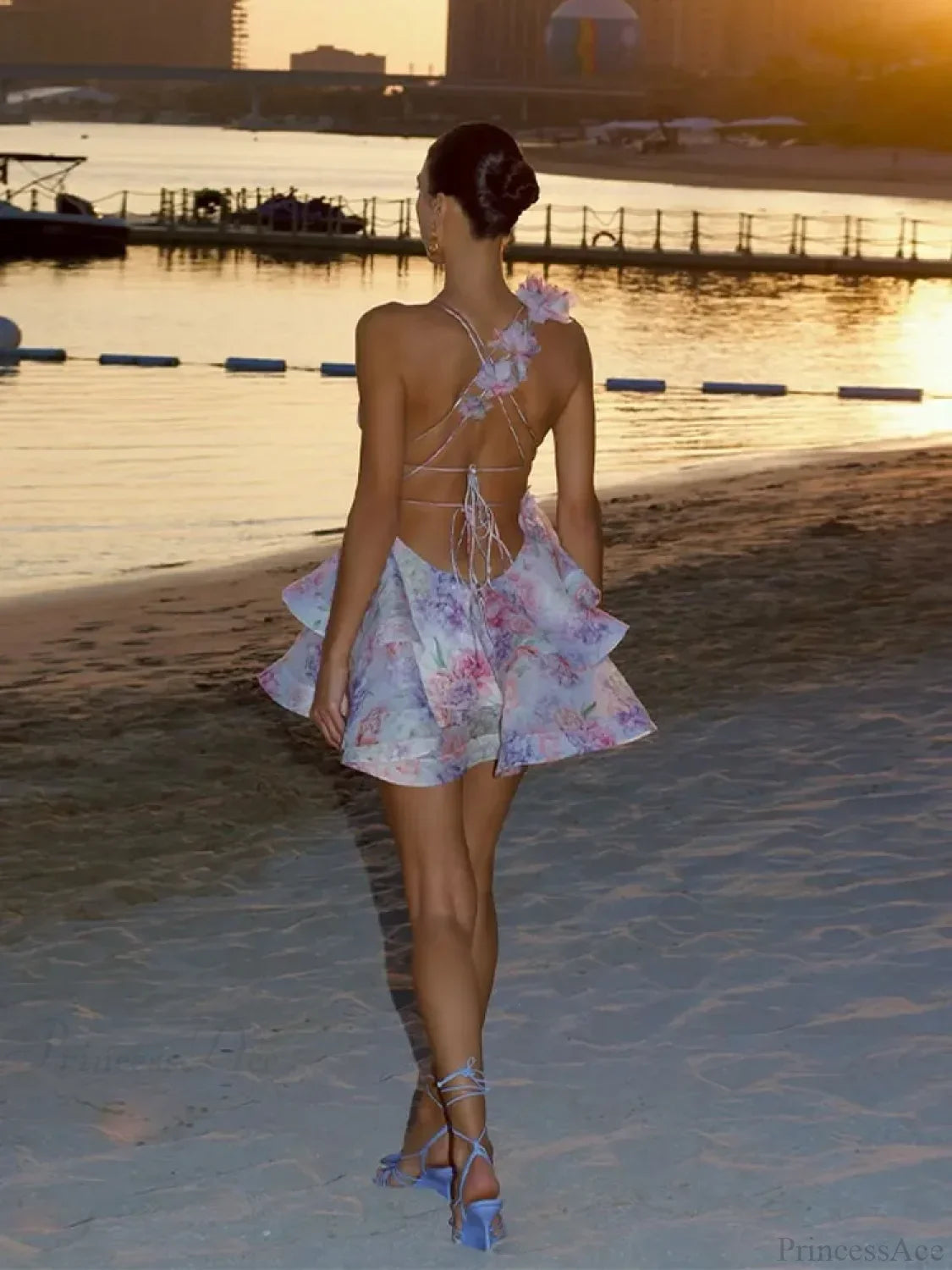 Lace-Up Ruffle Party Mini Dress