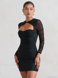 Mesh Pleated Wrap Mini Dress