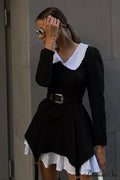 Ruched Fake Two-Pieces Dress with Doll Collar