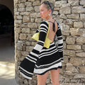 Striped Backless Flare Sleeve Mini Dress