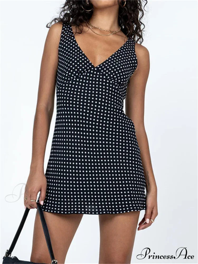 Dot Print Sleeveless V-neck Mini Dress