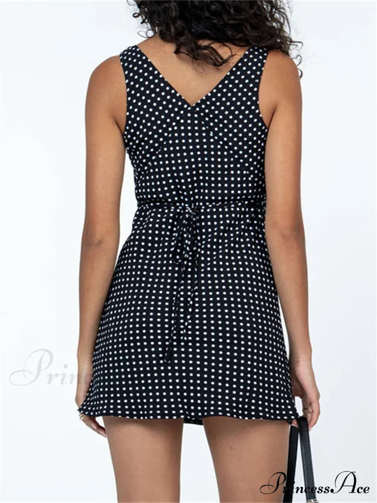Dot Print Sleeveless V-neck Mini Dress