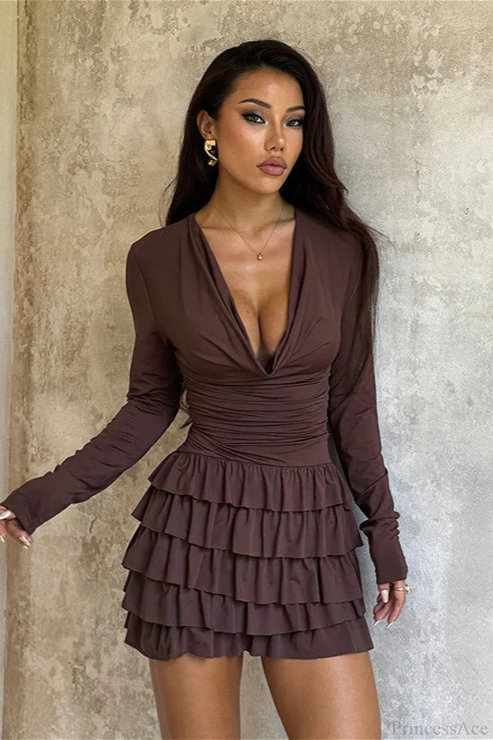 Tiered V-Neck Ruched Slim Mini Dress